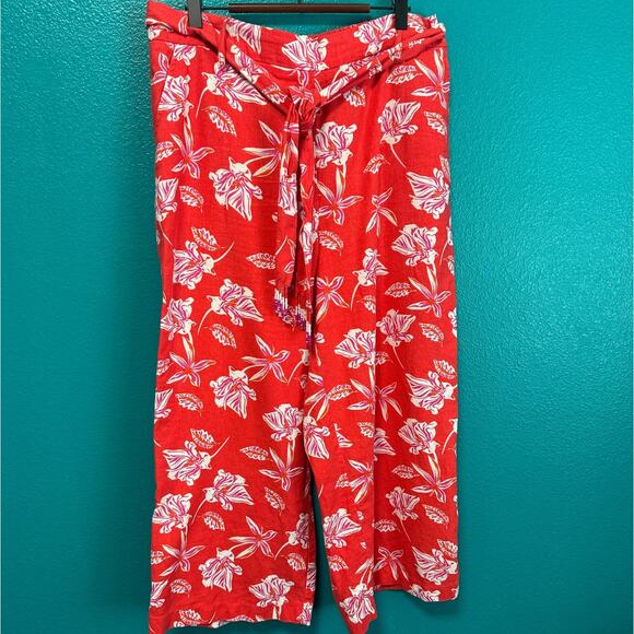 Maison d'Amelie Linen Blend Red Floral Beaded Sash Wide Leg Pant Women's Large - Picture 9 of 10